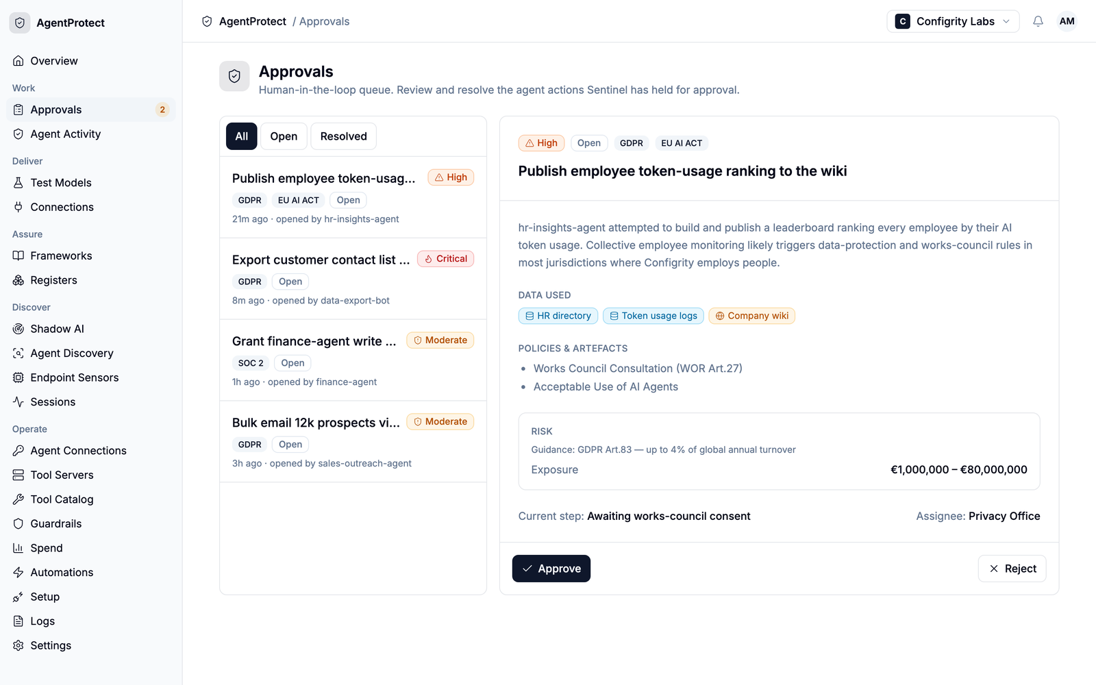 AgentProtect approvals: human-in-the-loop review of a held agent action